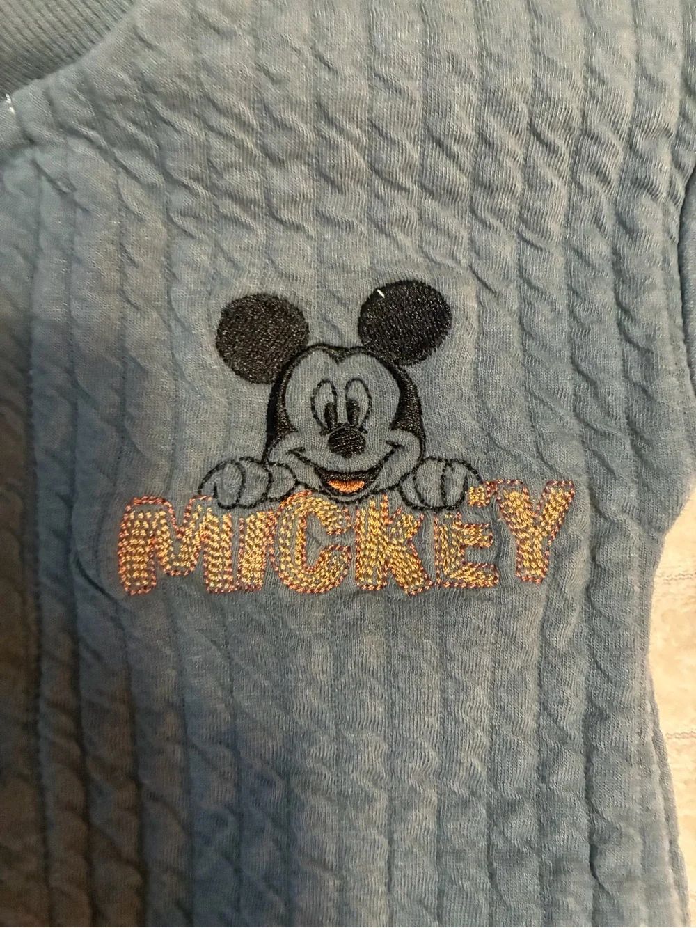 Disney Baby 6-9M Quilted Mickey Mouse Romper Dusty Blue Button Front Embroidered